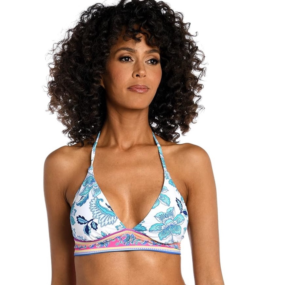 La Blanca White Bikini Top with Teal and Pink Floral Print